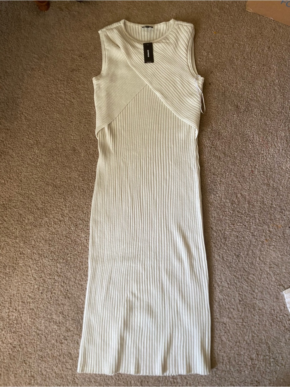 Express Cream Ribbed Crossover Sleeveless Midi Sweater Dress M NWT